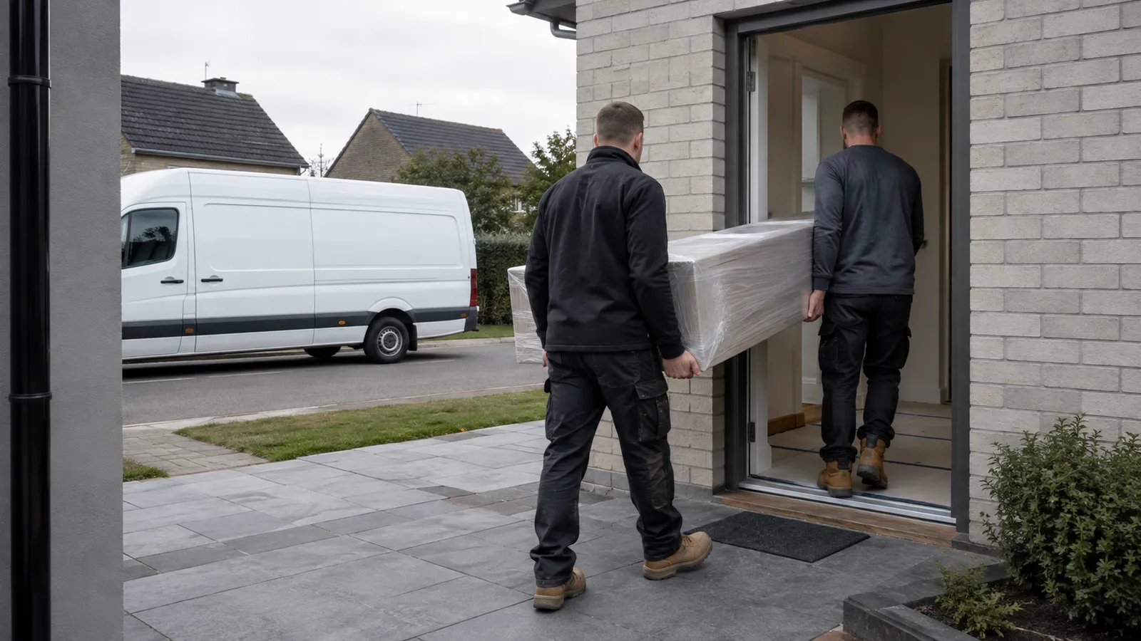 Two installers carrying wrapped cabinet material through a residential doorway from an unmarked van