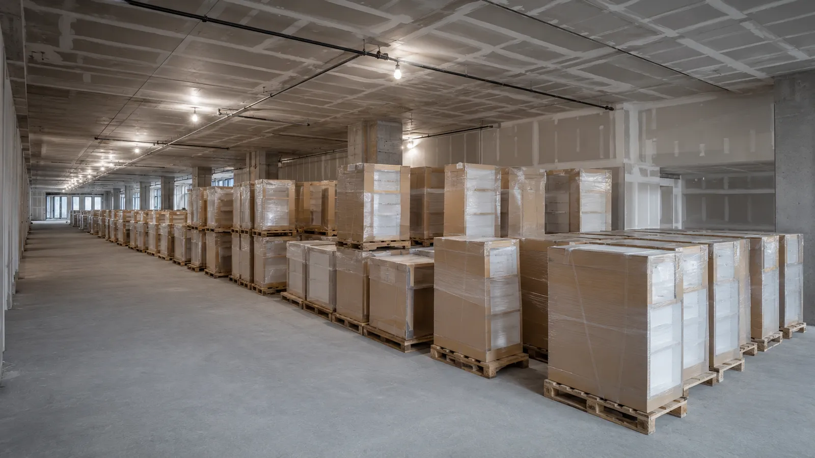 Wrapped cabinet material stacked on pallets across an unfinished floor of a building under construction