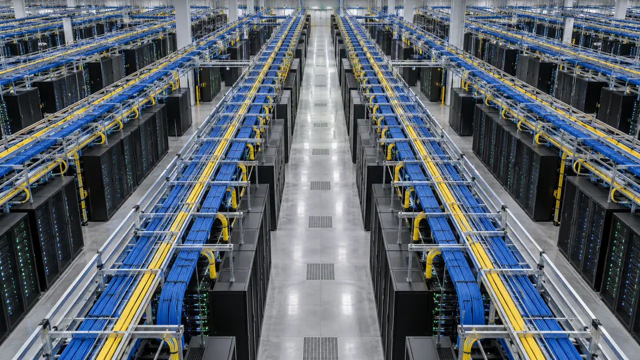 Wide view down a data center aisle with many rows of server racks and overhead cable trays