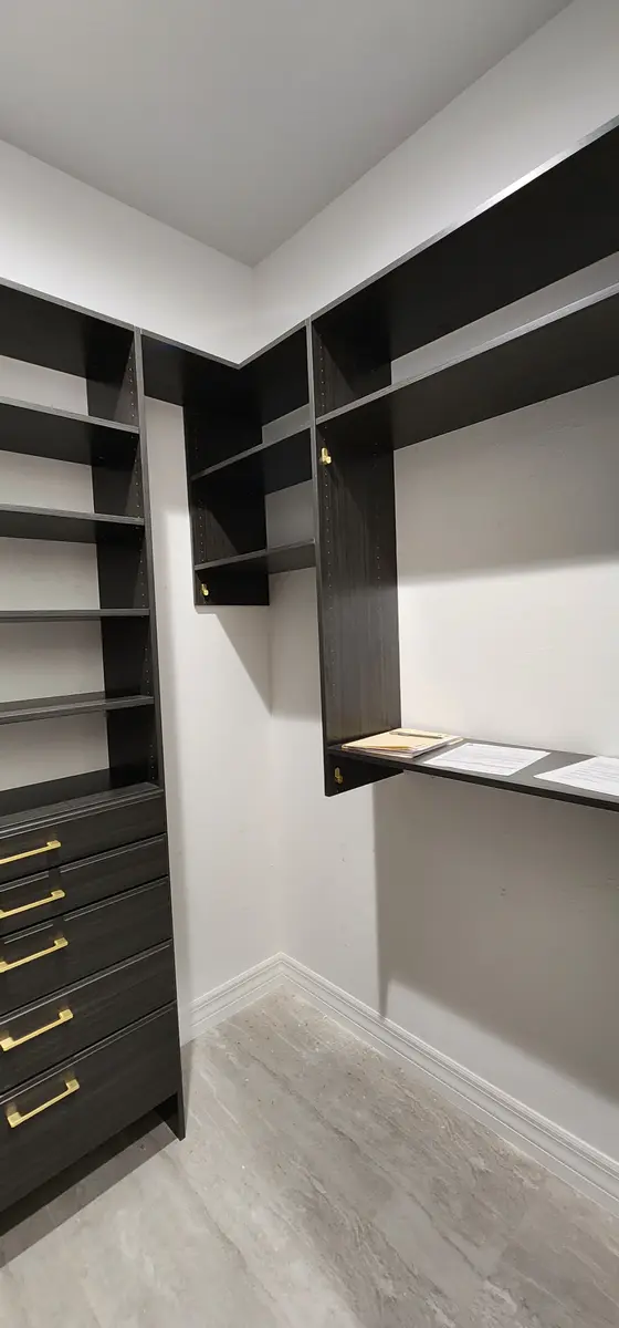 Installed closet system with adjustable shelving and hanging sections