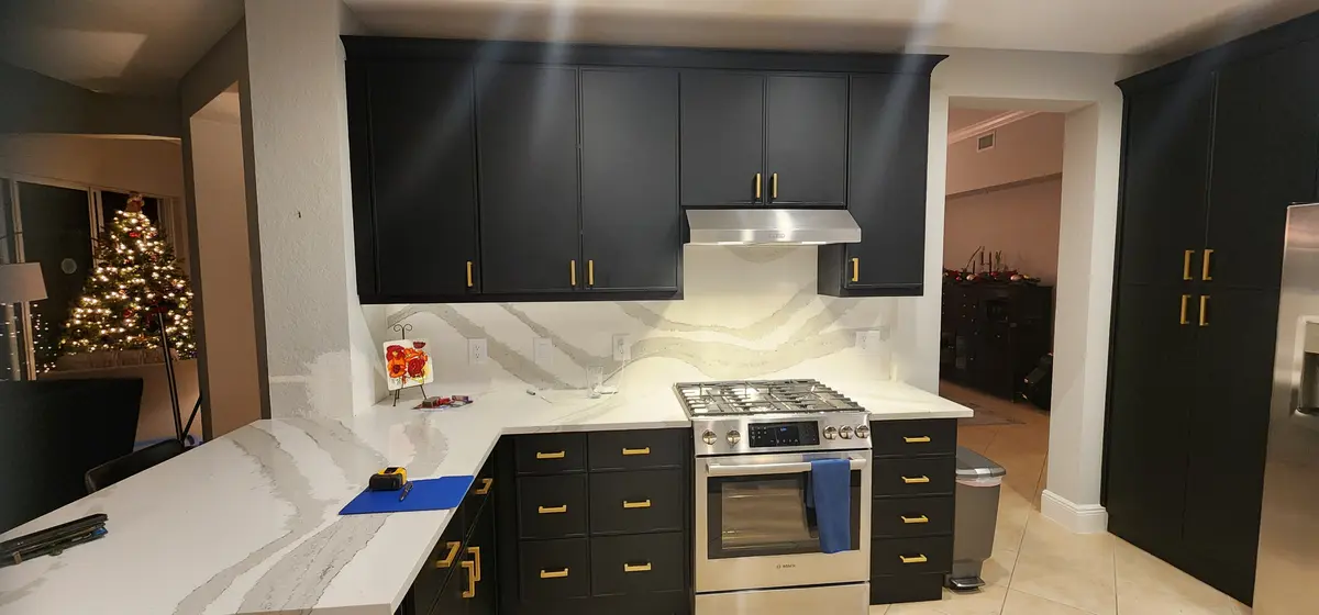 Installed kitchen cabinet run with hardware fitted