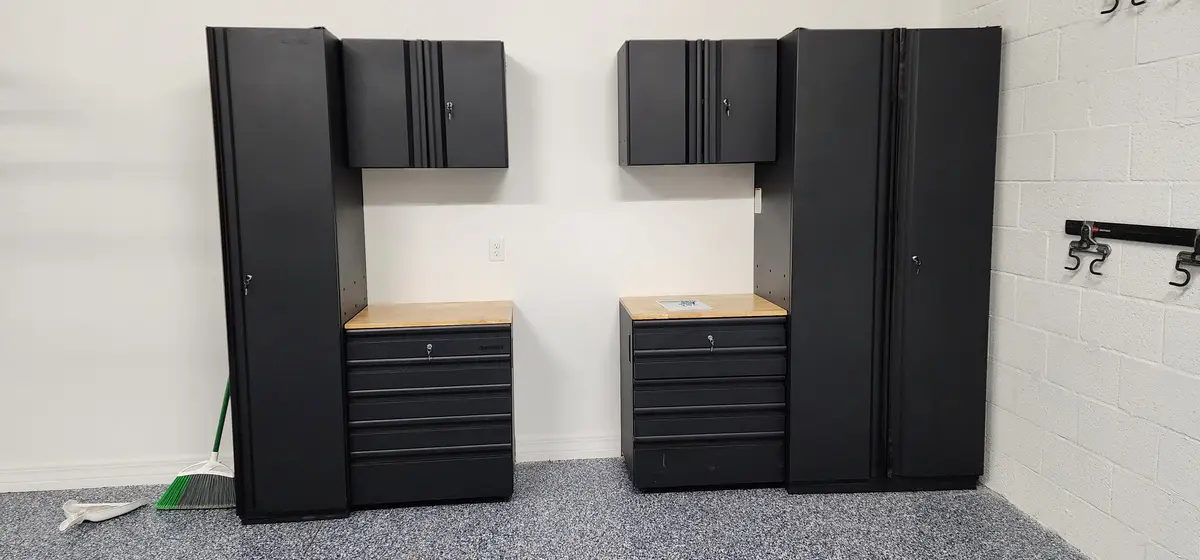 Installed storage system with cabinet runs and shelving