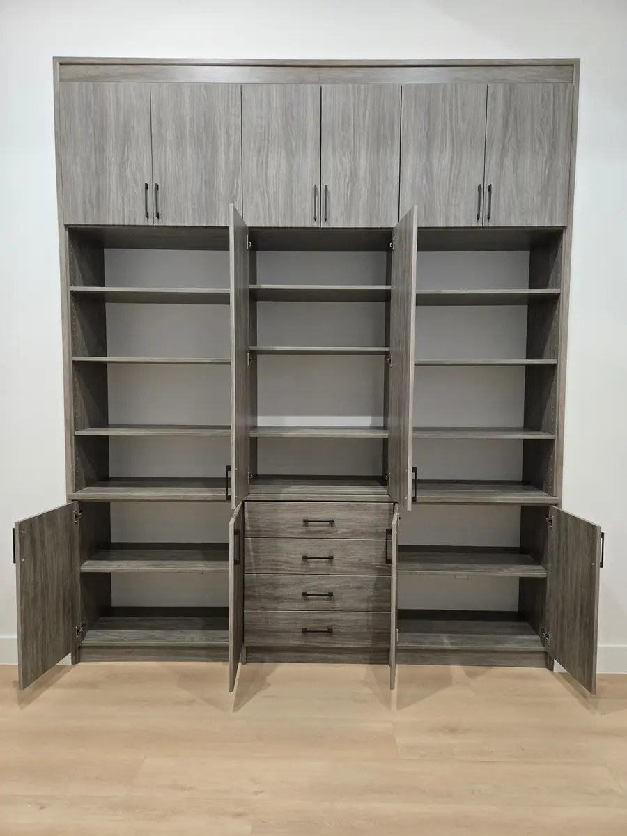 Installed built-in millwork with applied trim and adjustable shelving